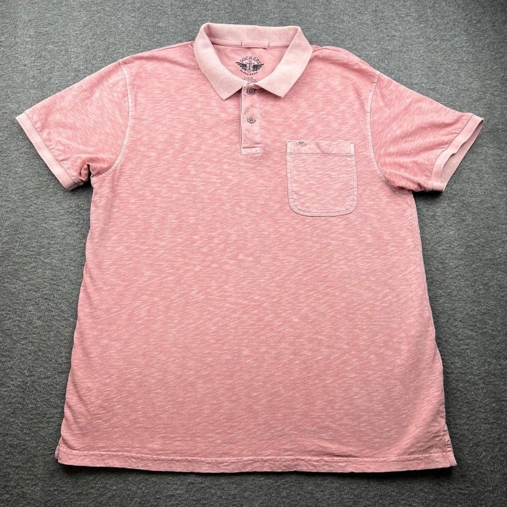 Dockers Alpha Khaki Men's Large Polo Shirt Pink‎ Slub Knit Pocket Short Sleeve